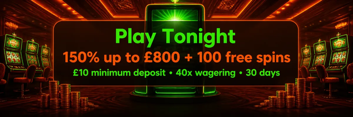 Dark branded casino interior centred on a large gaming machine with glowing screens and promotional offer panel