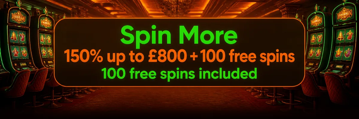 Cinematic casino aisle with upholstered chairs, glowing slot screens and a free spins promotion
